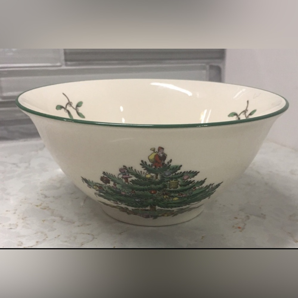 Spode Christmas Tree Nut Bowl Green Rim Holiday Serving Dining Decor